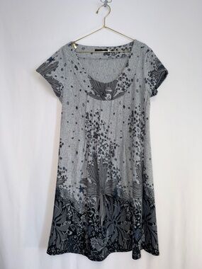 65% Cotton Floral Midi with Pleated Scooped Neck Black & Grey Dress 💫